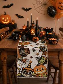 1pc Vintage Cartoon Halloween Table Runner, Beige Linen Long Style, Printed With Pumpkin, Cat And Ghost Patterns, Fun Retro Style Dining Table Decor, Suitable For Halloween Party, Kitchen And Seasonal Home Decoration - Multicolor - View 8