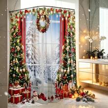 1pc Christmas Window Snow Scene Shower Curtain, Vintage Design, Waterproof Bath Curtain, Suitable For Bathtub Divider, Bathroom Decor And Bathroom Accessories - Multicolor - View 2