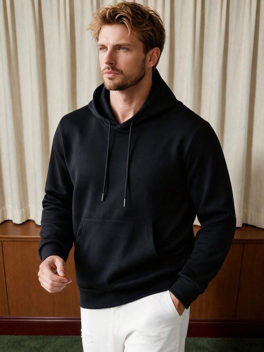 1 buah Sweatshirt Fleece Hangat Kasual Pria untuk Sehari-hari, Model Longgar Berkerudung, Sederhana dan Minimalis, Musim Semi/Gugur - Hitam - View 1