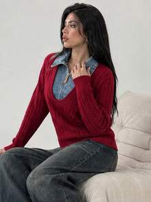 Wixra Women V Neck Fake Two‑Piece Sweater Denim Lapel Half Zip Cable Knit Long Sleeve Pullover Jumper - Burgundy - View 5