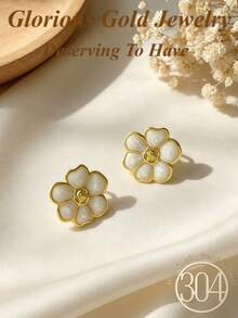 1 Pair Fashionable High-End Elegant Sweet Minimalist Versatile White Enamel Floral Earrings, Stainless Steel Material Hypoallergenic Friendly, Autumn Earrings Elegant Fashion, Suitable For Women's Daily Wear, Vacation. Best Choice For Halloween/Christmas Gifts For Female Friends. - Drip Oil Earrings - View 1