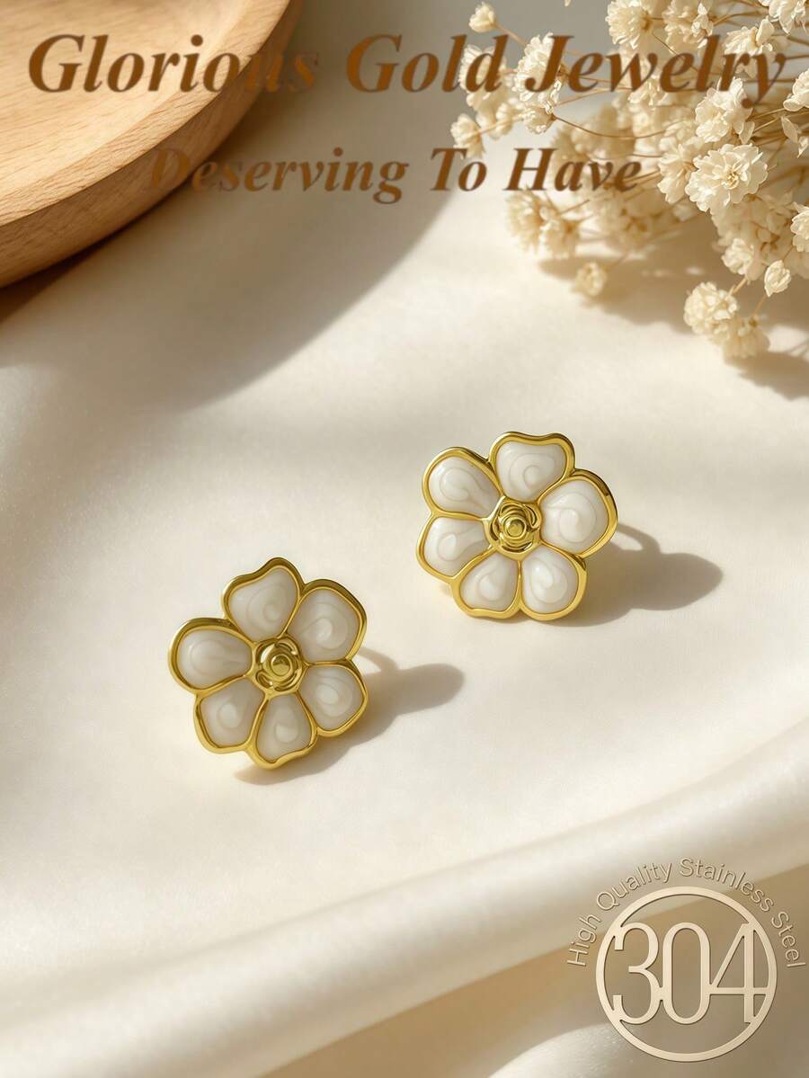 1 Pair Fashionable High-End Elegant Sweet Minimalist Versatile White Enamel Floral Earrings, Stainless Steel Material Hypoallergenic Friendly, Autumn Earrings Elegant Fashion, Suitable For Women's Daily Wear, Vacation. Best Choice For Halloween/Christmas Gifts For Female Friends. - Drip Oil Earrings - View 1