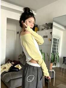 女款露肩長袖針織上衣，圓領設計，時尚常規長度，秋季針織毛衣 - 黃色 - 查看 4