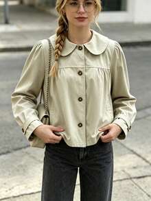 Women's Solid Color Peter Pan Collar Pleated Casual Commuter Jacket - Apricot - View 1