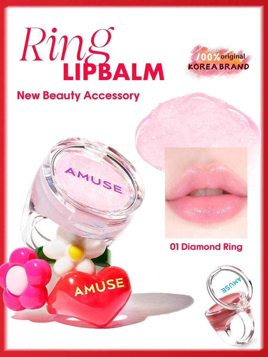 AMUSE Lipstik Ring #01 Diamond Ring, melembapkan dan bercahaya, tidak lengket, kilau alami, kotak cincin mini, 0,9g/0,03oz