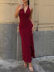 Halter Backless Lace Up Ruched Side Slit Ruffle Mesh Long Dress Women's Solid Sexy Elegant Evening Dress Party Prom Date Clothes - Burgundy - View 9