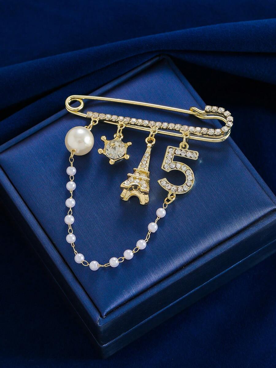 Vintage Minimalist Design Digital Star Faux Pearl Chain Pendant Brooch For Women, Banquet Party Daily Suit Accessory - Yellow Gold - View 1