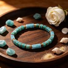 Natural Stone Amazonite Rectangular Bead Bracelet, Courageous Self-Expression Healing Crystal Bracelet, Unisex Versatile Daily Jewelry Gift - Multicolor - View 4