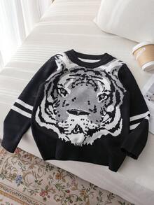 Boys' Minimalist Bear Pattern Knit Pullover Sweater, Suitable For Casual Daily Wear In Spring, Autumn And Winter - Black - View 1