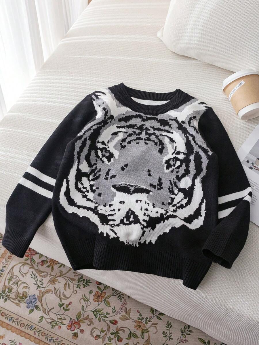 Boys' Minimalist Bear Pattern Knit Pullover Sweater, Suitable For Casual Daily Wear In Spring, Autumn And Winter - Black - View 1