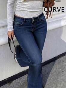 Plus Size Women's Flare Jeans, Long Length With Pockets, Button, Zipper And Stretchy Fabric - Dark Wash - View 5