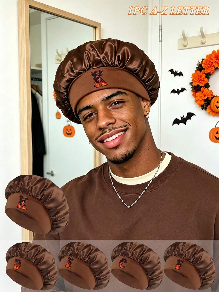 1pc Men's Brown Satin Sleep Bonnet With Halloween‑Vibe A‑Z Alphabet Flame‑Style, Elastic Band Hair‑Friendly Hair Care Accessory For Hair Protection - Brown - View 1