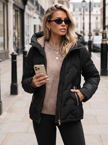 Women's Quilted Hooded Jacket With Drawstring Hood, Zip Front, Side Pockets And Regular Fit - Black - View 3