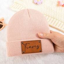 MerexSync Personalized Knit Hat, Customized Name Faux Leather Patch Cap, Unisex, Ribbed Cuff, Warm Winter Hat, Casual Daily Outdoor Gift Knit Hat, Suitable For Daily Wear And Gifting, Christmas Hat, Adult Personalized Knit Hat, Handmade Winter Hat - Multicolor - View 7