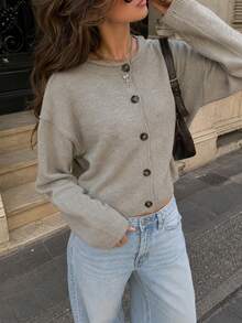 Women Gray Ribbed Knit Cardigan,Long Sleeve Button Front Crew Neck Sweater,Cozy Casual Vintage Fall Winter Top, Street Going Out Back To School Outfit - Camel - View 7
