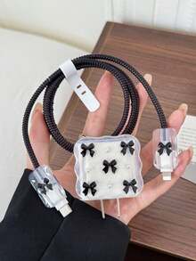 Black Bow Pearl Charger Protective Case, Data Cable Anti-Breakage Protection Rope - Black - View 7