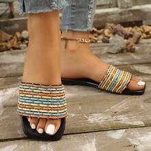 Women's New Summer Comfortable Casual Colorful Woven Slide Sandals - Fashionable Metal Chain Decor Square Toe Flat Slip-On Beach Shoes - Colorful - View 3
