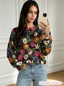 Women's Autumn Vintage Floral Print Knit Sweater, Round Neck Pullover Knit Top, Eye-Catching Outfit For Outings - Multicolor - View 2