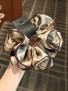 1pc Vintage Ruffle Rose Print Hair Scrunchie, Soft Coffee Color Hair Band, Face-Flattering, Suitable For Ponytail Hairstyle - Multicolor - View 3