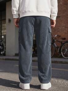 Men's Cargo Pants, Grey Corduroy Wide Leg Pants, Drawstring Elastic Waist Multi-Pocket Straight Leg Long Pants, Loose Casual Streetwear Versatile Commuter Pants - Grey - View 6