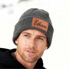 MerexSync Personalized Knit Hat, Customized Name Faux Leather Patch Cap, Unisex, Ribbed Cuff, Warm Winter Hat, Casual Daily Outdoor Gift Knit Hat, Suitable For Daily Wear And Gifting, Christmas Hat, Adult Personalized Knit Hat, Handmade Winter Hat - Multicolor - View 10