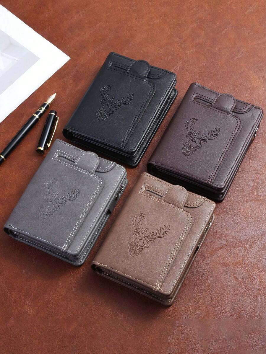 CarrKen 1pc Men's New Multi-Slot Multi-Function European & American Retro Short Solid Color Deer Head Zipper Wallet - Multicolor - View 1
