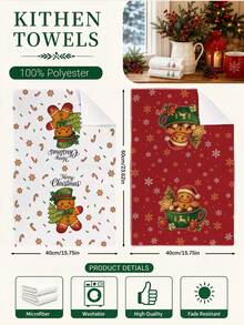 2PCS Kitchen Towel, Christmas Theme Cute Gingerbread Man Illustration Pattern Kitchen Towel Dishcloth, 40*60cm Rectangular Microfiber Cleaning Kitchen Towel, Perfect For Kitchen, Dining Room And Bathroom Use, Christmas Kitchen Decor, Home Decor, Housewarming Gift For Neighbors, Dishcloth - White - View 3