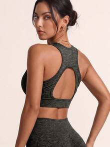 Heather Grey Racerback Sports Bra Stylish Open Back Cutout Gym Top Perfect Layering Piece For Fall Workout & Yoga Padded Athletic Vest - Grey - View 4