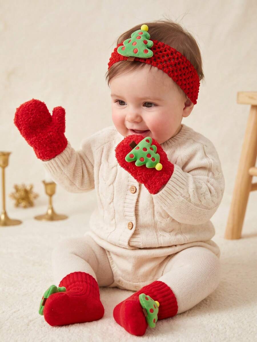 3pcs/Set Christmas Tree Gloves + Headband + Socks 3-Piece Set, Cute Children's Socks And Headband Set, Holiday Gift Set For Newborns, Christmas Outfit, Baby Christmas Gift - Red - View 1