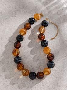 1pc Fashion Contrast Color Chunky Bead Necklace With Gold Extension Chain, Women's Party Neck Accessory Suitable For Daily Wear - Brown - View 1