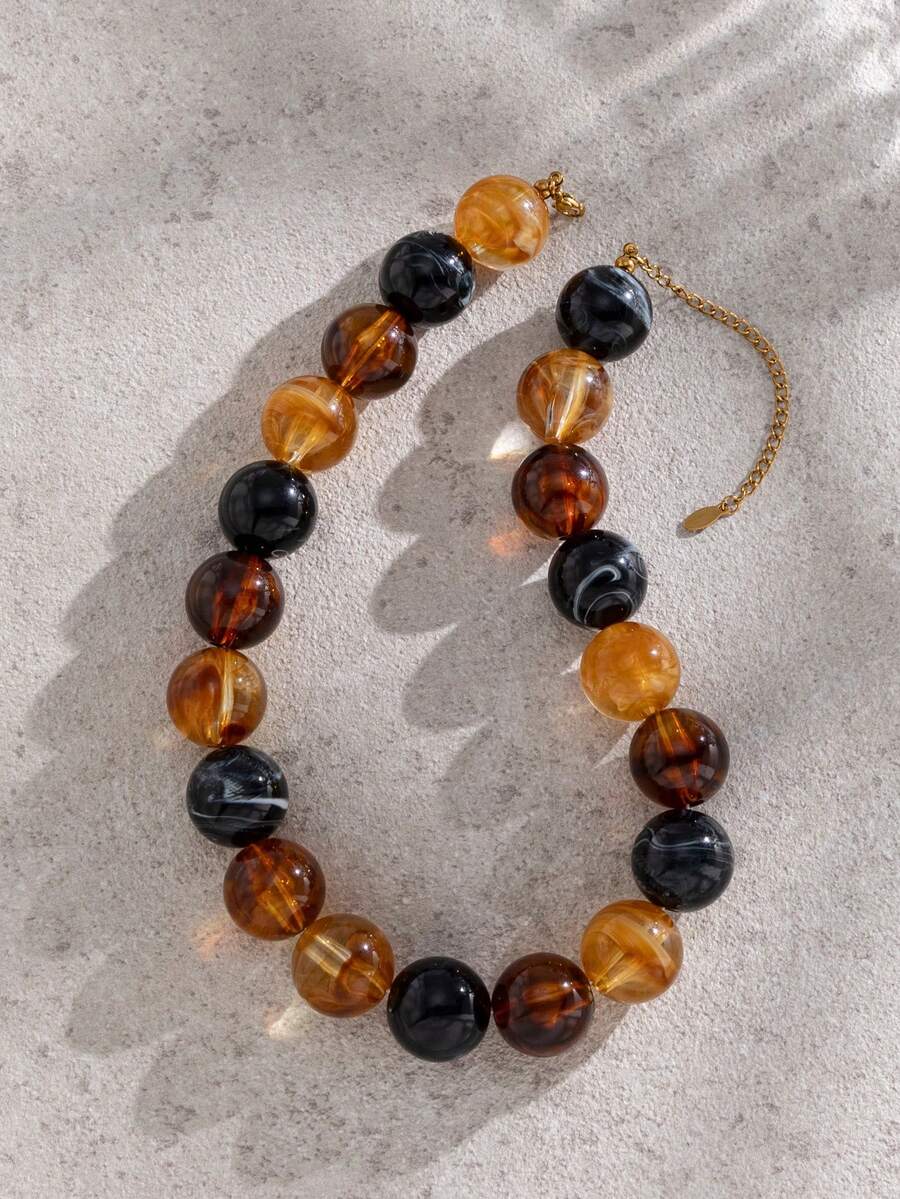 1pc Fashion Contrast Color Chunky Bead Necklace With Gold Extension Chain, Women's Party Neck Accessory Suitable For Daily Wear - Brown - View 1