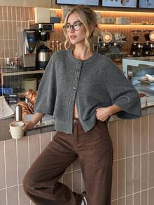 Nicenter Women's Round Neck Cape Sleeve Button Front Wool Blend Cardigan Sweaters, Dark Gray Elegant Fall Clothes For Women, Winter Clothes For Daily Wear - Dark Grey - View 10