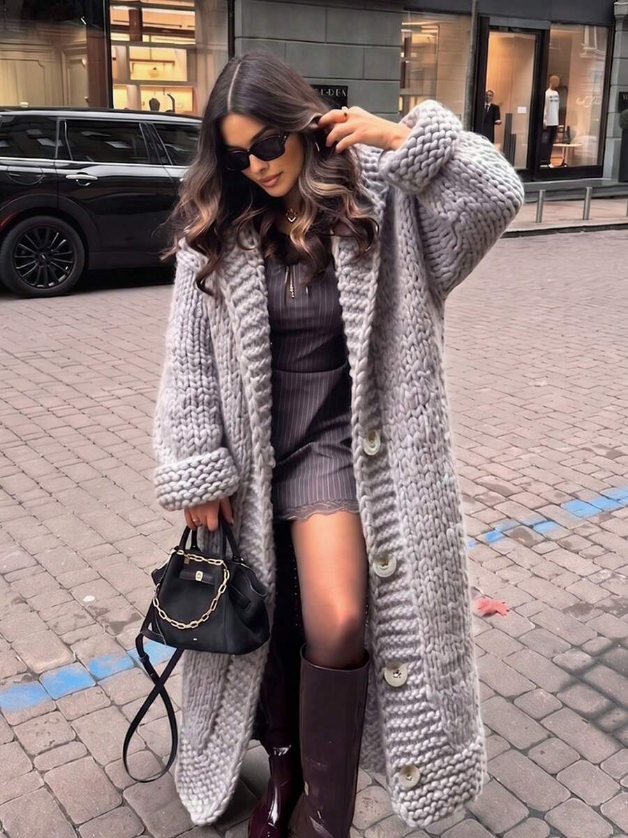 Casual Solid Color Thick Knit Hooded Long Cardigan, Autumn-Winter - Grey - View 1