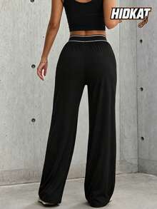 Hidkat Women's Fashion Solid Color Patchwork High Waist Webbing Yoga Casual Sports Knit Long Pants - Black and White - View 2