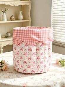 1pc Cute Grid & Bow Desktop Items Storage Bucket Folding Accessories Storage Basket Quilted Makeup Basket Household Sundries Organizer Bucket For Girl - Pink - View 2