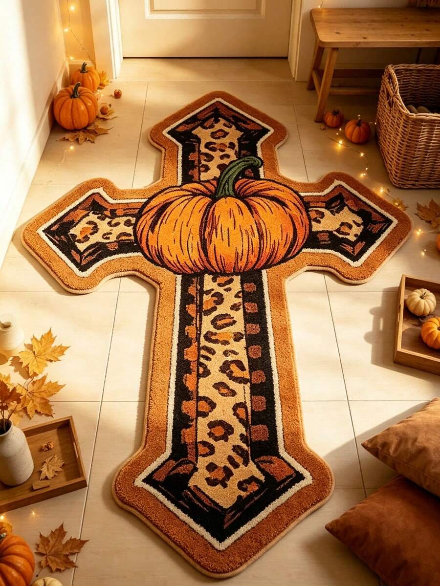 1pc American Vintage Leopard Print Cross Decor Doormat, Entryway Mat, Door Mat, Small Rug, Welcome Mat, Carpet, Kitchen Rug, Home Decor, Front Door Mat, Area Rug, Area Carpet - Multicolor - View 1