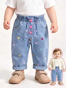 Baby Girl Spring Summer Autumn Denim Long Pants With Heart Embroidery, Light Blue Wash, Elastic Ruffle Waist, Pink Buttons, Loose Straight Leg, Sweet Casual For Daily Outdoor Outings - Blue - View 4