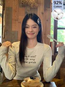 Women's Autumn Pure Cotton Letter Print Long Sleeve T-Shirt, Versatile Gray Base Layer Top, Slimming Innerwear - Gray - View 2