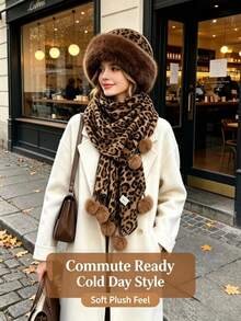 Winter Leopard Print 2 Pieces Set: Thick Leopard Print Faux Fur Earflap Hat, Paired With Matching Color Pom Pom Leopard Print Scarf. Made Of Thick Fleece Material, Windproof And Warm, Lightweight And Comfortable, Ear Protection Design, Keeps You Warm All Over - Multicolor - View 3