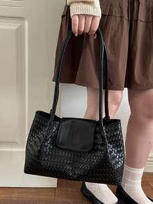 Women's Woven Handbag, Casual Soft Shoulder Tote Bag, Simple Top-Handle Purse For Daily Shopping Work - Black - View 4