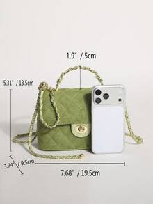 1件草綠色菱格紋絎縫刺繡翻蓋鏈條包，附扭轉鎖扣，手提肩背斜跨包，適合秋季購物、約會、下午茶 - 綠色 - 查看 2
