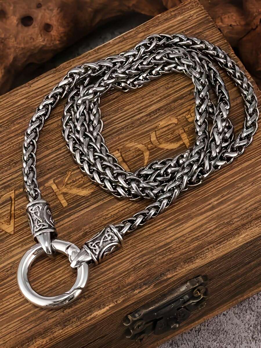1pc New Vintage Double-Loop Round Buckle Six-Character Mantra Dragon Bone Chain Necklace, Long Tang Grass Pattern Sweater Chain, Fashion Accessory, Suitable For Daily Wear And Gifting - Silver - View 1