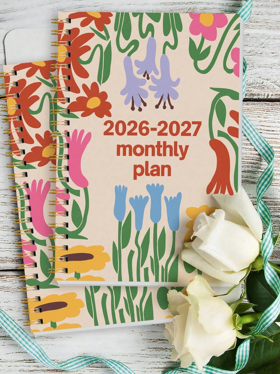 2入 2026–2027 A5 花卉月計畫本,彩色螺旋裝訂日程本,含月計畫與週計畫版面,適用生產力提升、時間管理、工作、學校與日常組織,辦公桌配件 - 彩色花卉 - 查看 1