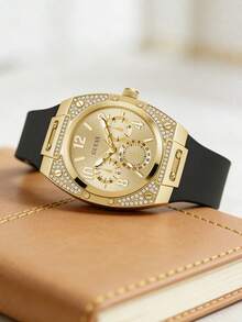 Guess Men's Shock-Resistant Quartz Watch With Champagne Multifunction Dial, Large Arabic Numerals, Black Silicone Strap, Luxury Sport Lifestyle Chronograph - Gold - View 4