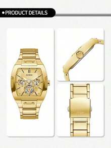Guess Men's Tonneau‑Shaped Quartz Watch Cream‑Toned Semi‑Skeleton Multi‑Function Dial Rivet‑Decorated Case Bold Retro‑Luxury Chronograph‑Style Watch - Gold - View 6