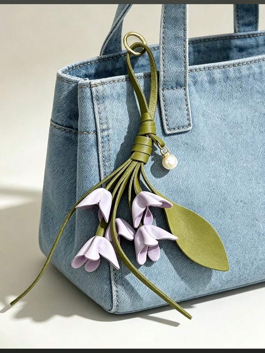 Handmade PU Leather Lily Of The Valley Keychain, Lily Of The Valley With Faux Pearl Charm, Elegant Accessory For Daily Keys And Backpacks, Unique Gift With Blessings, Suitable For Holiday Gifts And Daily Wear - View 1