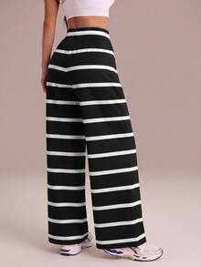 Deybera Women Black White Striped High Waist Wide Leg Pants, Drawstring Soft Casual Trousers For Lounge, Workout & Daily Wear - Black and White - View 4