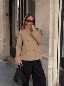 Women Solid High Neck Double Breasted Long Sleeve Short Trench Coat, Casual Loose Commuter Outerwear - Khaki - View 7