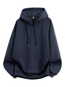 Blueprint Man 1pc Men's Deep Blue Sweatshirt, Soft And Smooth Fabric, Comfortable And Skin-Friendly, Adjustable Drawstring Hood, Classic Kangaroo Pocket For Convenient Storage Of Small Items, Solid Color Minimalist Style, Suitable For Daily Wear, Commuting And Home Leisure - Navy Blue - View 3