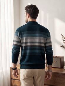 Men's Autumn/Winter Half-Zip Collar Striped Casual Pullover Sweater, Business Commute Simple Style, Long Sleeve Top - Navy Blue - View 7